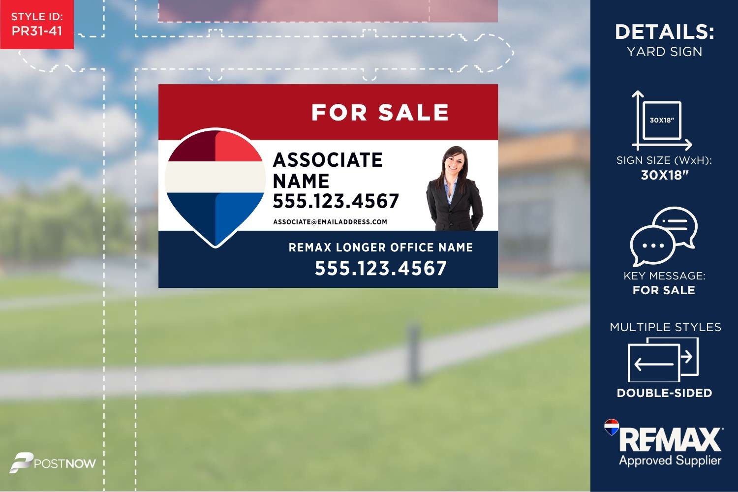 Remax For Sale Yard Sign, 30X18 Horizontal Rwb Design, With Clipped Agent Photo And Longer Office Name Option.