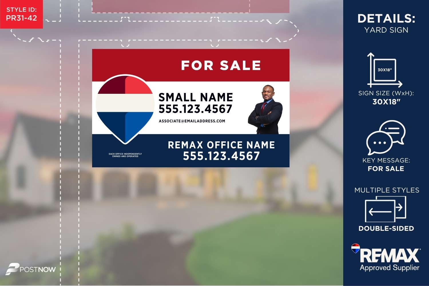 Remax For Sale Yard Sign, 30X18, Horizontal Rwb Design With Clipped Agent Photo (6X7.5).