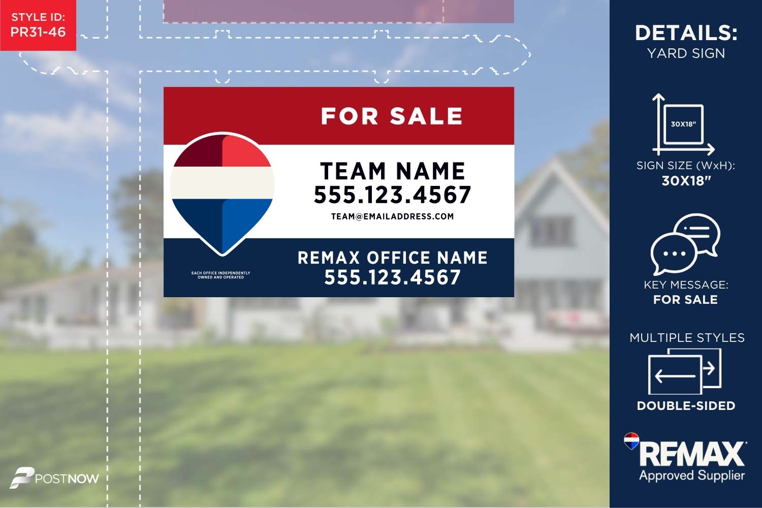 Remax 2025 For Sale Yard Sign - 30X18 Horizontal, Red White Blue (Rwb) Design, Featuring Eoioo And Teamname.