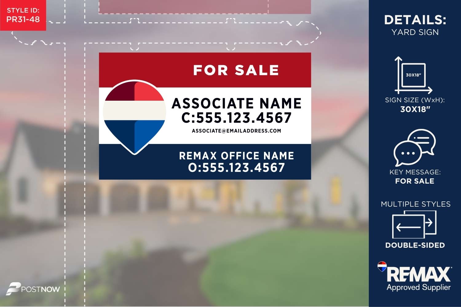 Remax 2025 For Sale Yard Sign, 30X18 Horizontal, Rwb Design For New Jersey Agents.