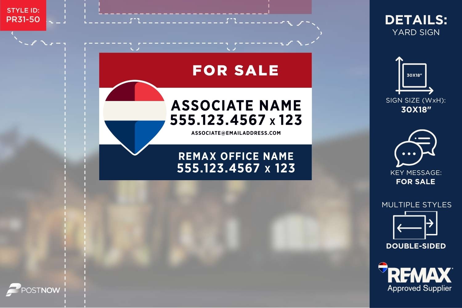 Remax For Sale Yard Sign, 30X18 Horizontal, Rwb Design With Phone Extension.