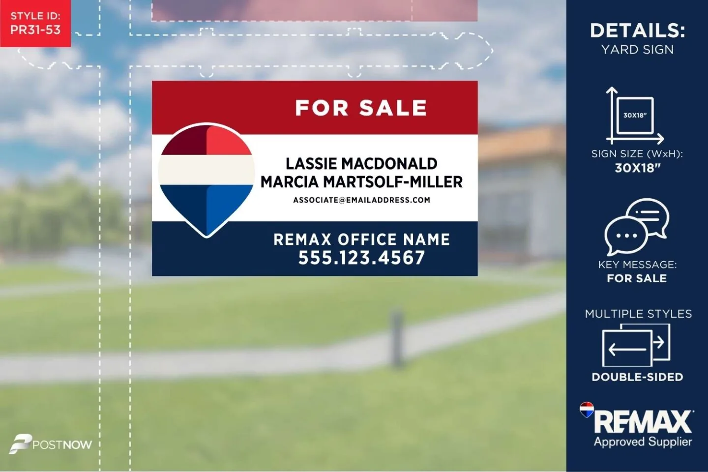 Remax 2025 For Sale Yard Sign, 30X18 Horizontal, Rwb Standard Design For Real Estate Agents.