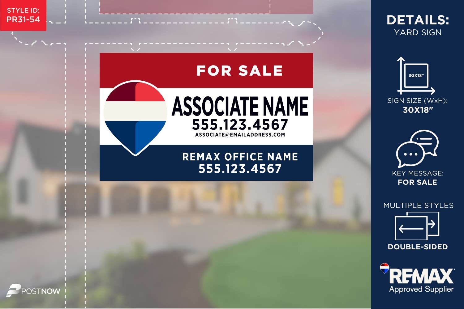 Remax For Sale Yard Sign, 30X18 Horizontal, Rwb Standard Design With Larger Associate Name.