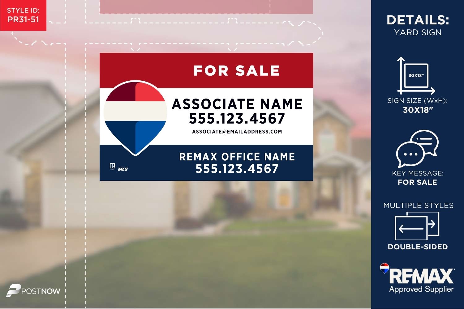 Remax 2025 For Sale Yard Sign, 30X18 Horizontal, Rwb Standard Design.
