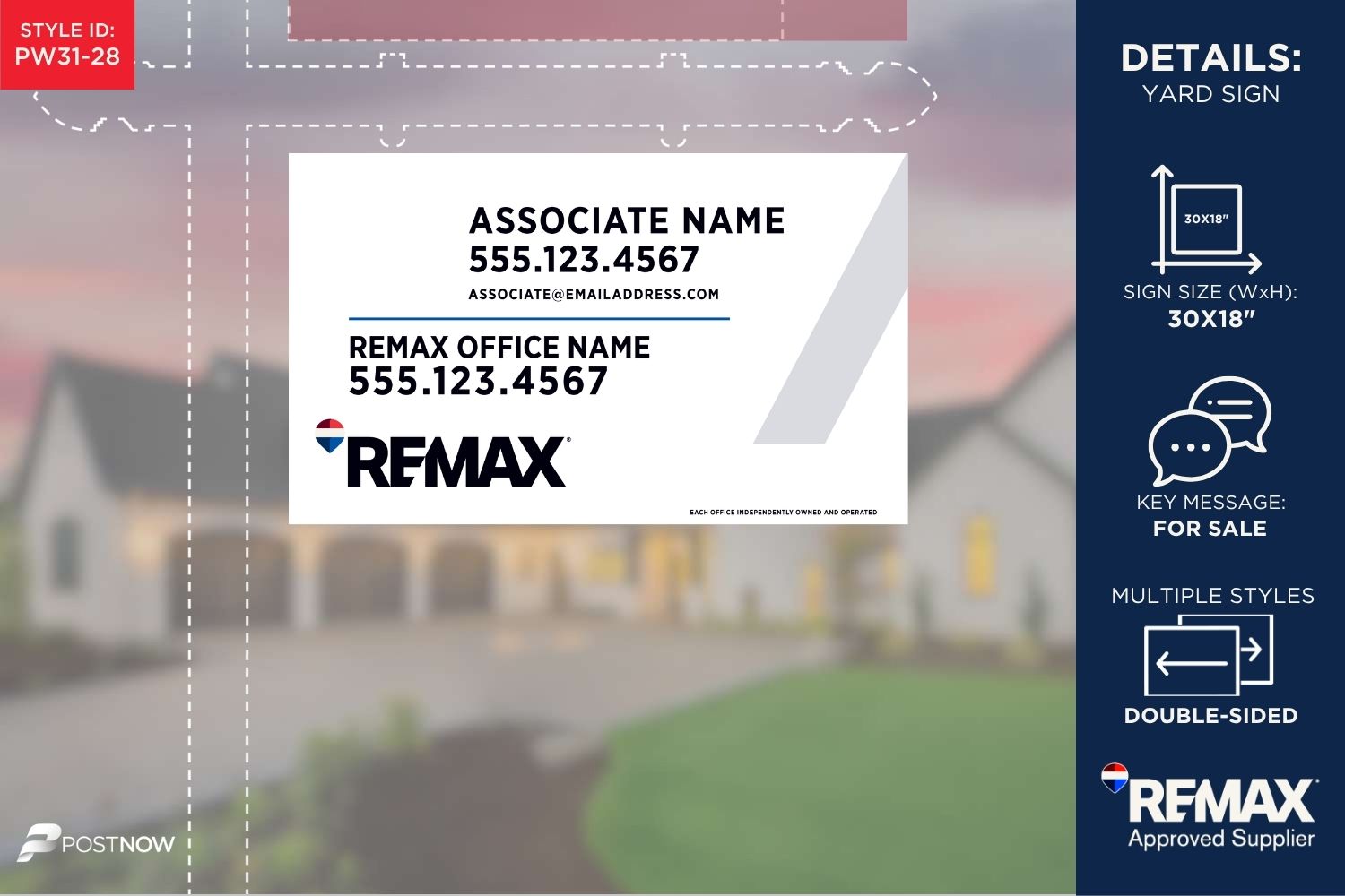 Remax 2025 For Sale Yard Sign, 30X18 Horizontal, With Team Logo, Qr Code, And White Slash Design.