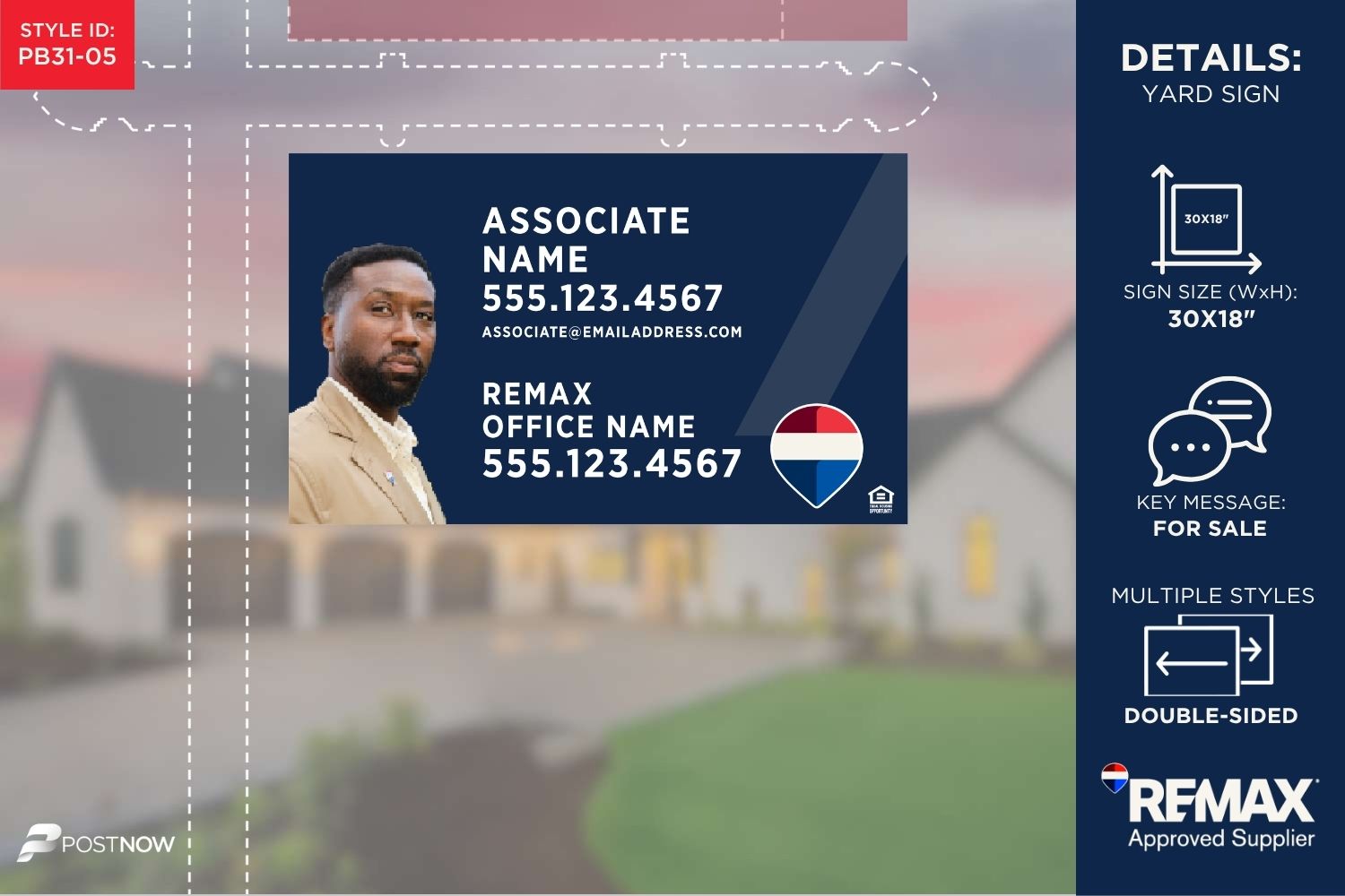 Remax 2025 For Sale Yard Sign, 30X18 Horizontal, With Agent Photo, Blue Slash Design, And Logos (Pn-Pb31-05).