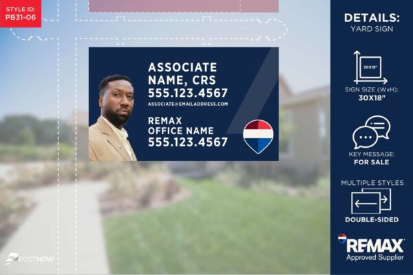 Remax 2025 For Sale Yard Sign, 30X18 Horizontal, Featuring Agent Photo, Blue Slash Design.