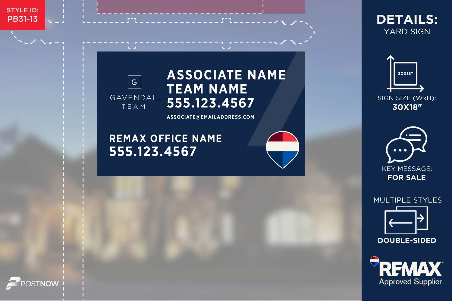 Remax For Sale Yard Sign, 30X18 Horizontal, With Team Logo, 2 Qr Codes, And Blue Slash Design.
