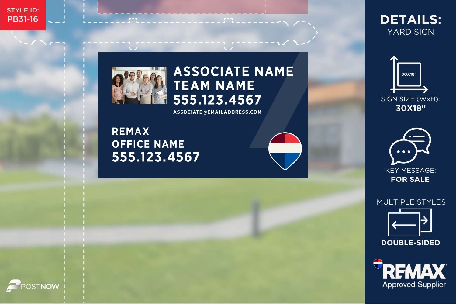 Remax For Sale Yard Sign, 30X18 Horizontal, Team Photo, Blue Slash Design.