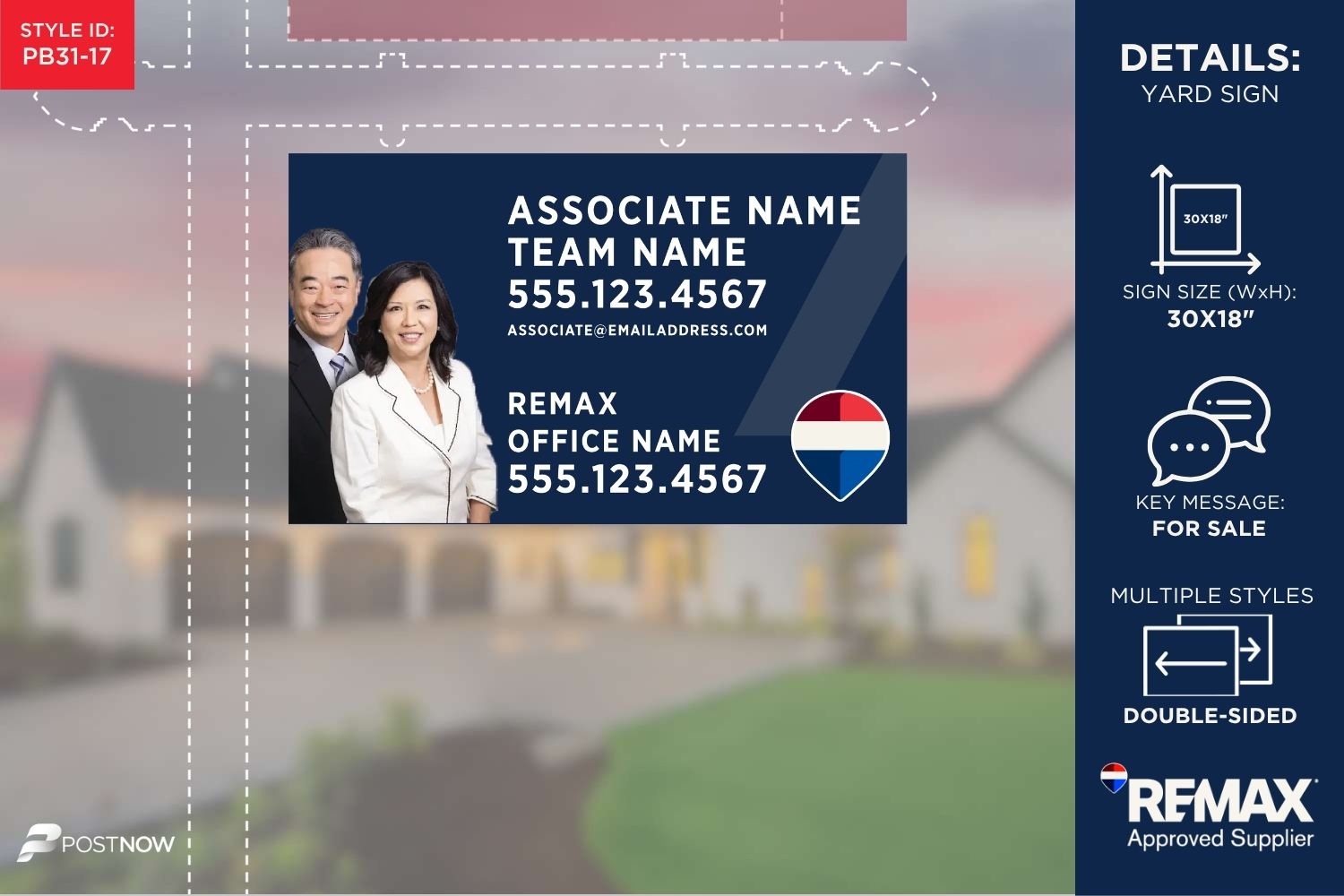 Remax For Sale Yard Sign, 30X18 Horizontal, With Team Photo And Blue Slash Design.