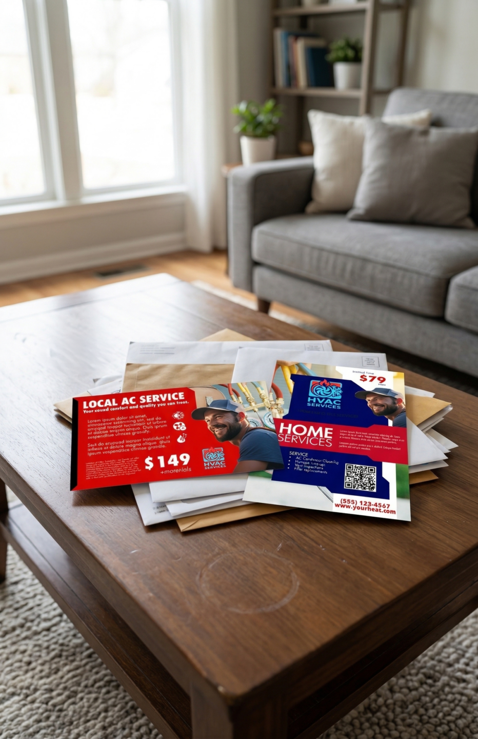 Hvac Direct Mail Postcard And Flyer On A Living Room Table